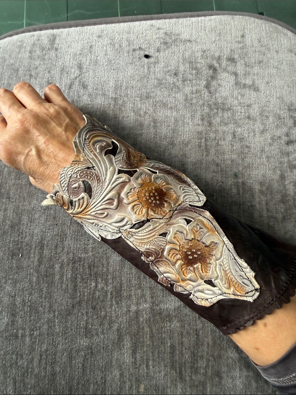 Hand-Tooled Leather Wrist Cuff in Brown and Cream - Men's Accessory